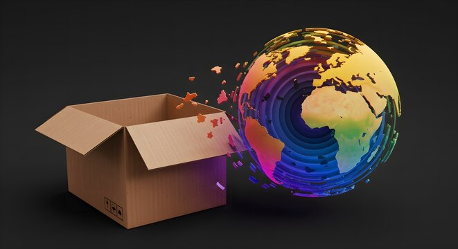 Global shipping concept with open cardboard box and colorful world globe illustration.