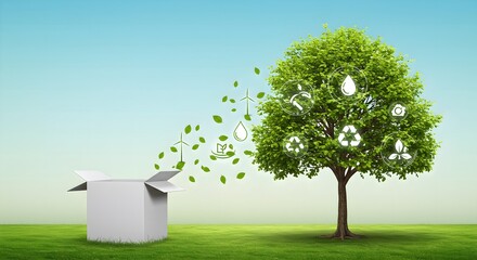 Obraz premium Eco-Friendly Concept: Tree Growing from Box, Environmental Sustainability, Green Energy.