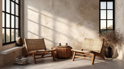 Minimalist interior with wooden chairs, rustic wall, and natural light