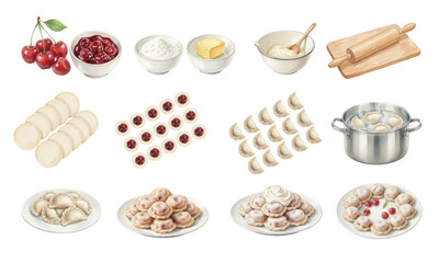 Watercolor Varenyky Dumplings Ingredients and Traditional Dish