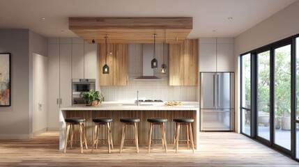 Modern kitchen interior with wooden cabinets, island counter, and pendant lights