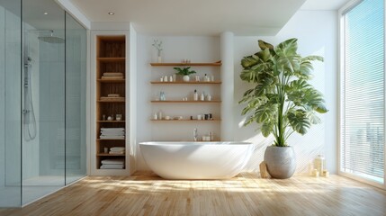 Modern bathroom interior with white bathtub, wooden shelves, and green plant