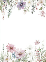 Delicate and elegant background with blooming purple and pink cosmos flowers, garden wildflowers in hand drawn style in pink tones for wedding invitations, birthday cards, greeting cards