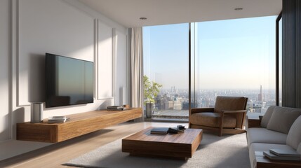 Modern living room with city view, leather armchair, and flat screen tv