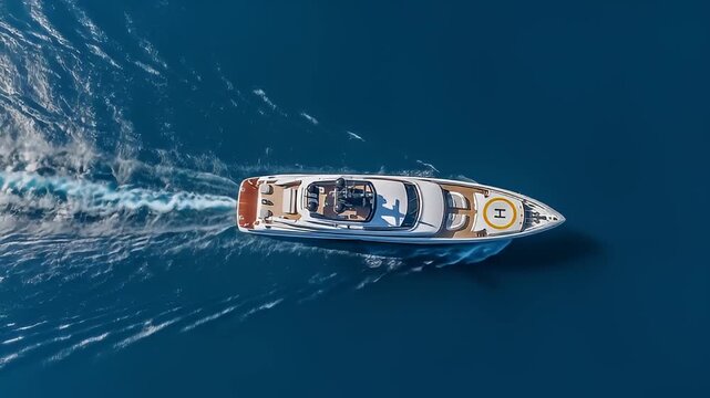 Aerial top-down view of a luxury motor yacht cruising across the deep blue ocean