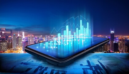 smartphone with glowing financial graph in cityscape
