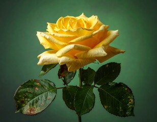 Vibrant yellow rose against a dark green background