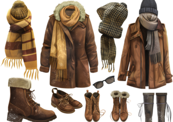 a set of autumn and winter , including a brown coat, sweater, scarf, hat, gloves, and boots, in high-resolution png format with a transparent background.