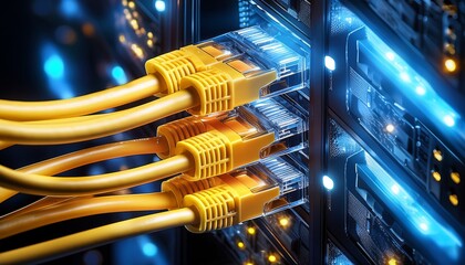 a server filled with yellow ethernet cables and glowing lights representing the pulse of a digital network