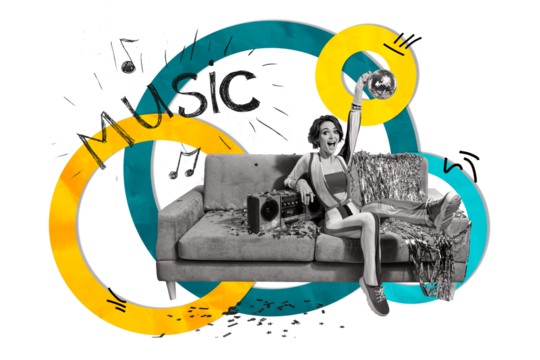 Creative poster banner collage of funny girl sit sofa hold disco ball boom box playing music