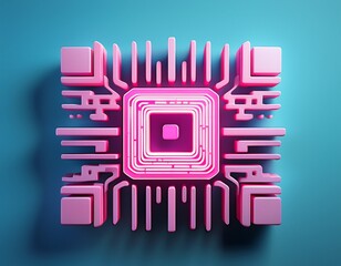 close up of a glowing pink qr code symbol on a light blue background barcode