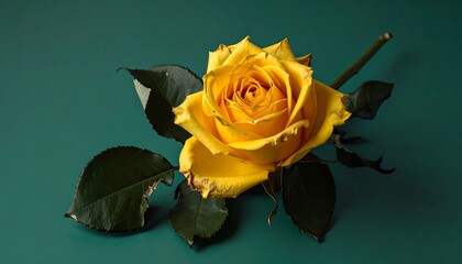 Vibrant yellow rose on teal backdrop