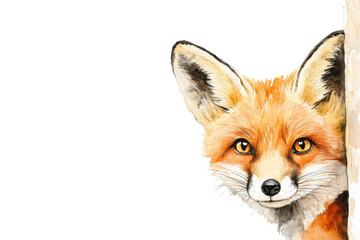 Obraz premium Watercolor of a red fox peeking from behind wall isolated on transparent background