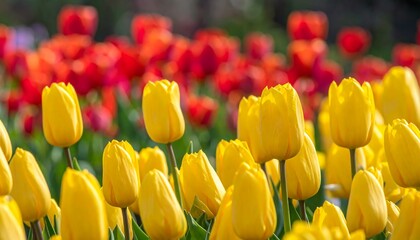 Vibrant yellow tulips amongst red tulips