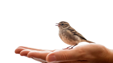 Small songbird perched on a human hand 