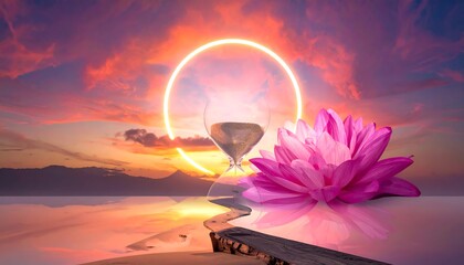Vivid composition featuring a sunset backdrop, an hourglass, a lotus flower, and an illuminated circle, reflecting in serene waters