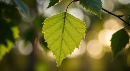Translucent green birch leaf against a blurred background showcasing natural beauty