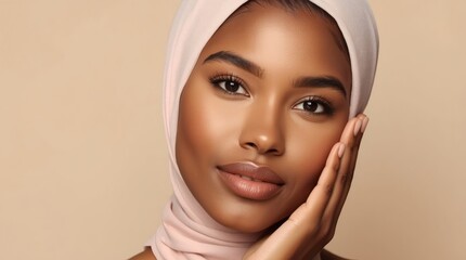 Hijab Woman Touching Smooth Skin with Plain Background