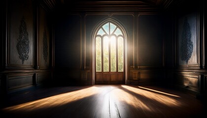 a dark room with a light shining through the window sharp volumetric lighting