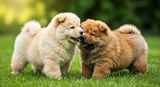 Two adorable Chow Chow puppies bonding in a lush green field on a bright sunny day