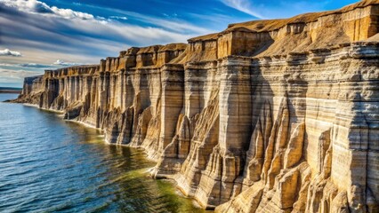 Obraz premium Striking sunlit cliffs dramatically rising from a serene body of water, showcasing the remarkable layered rock formations and the breathtaking natural beauty of this geological wonder
