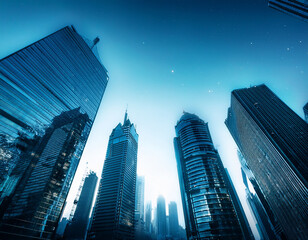 Fototapeta premium skyscrapers reflecting the city lights and the integration of finance and technology