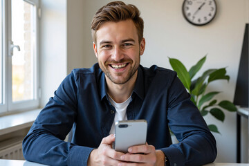 Happy handsome young man smiling at the camera while holding a smartphone for a video call or browsing social media in his home office
