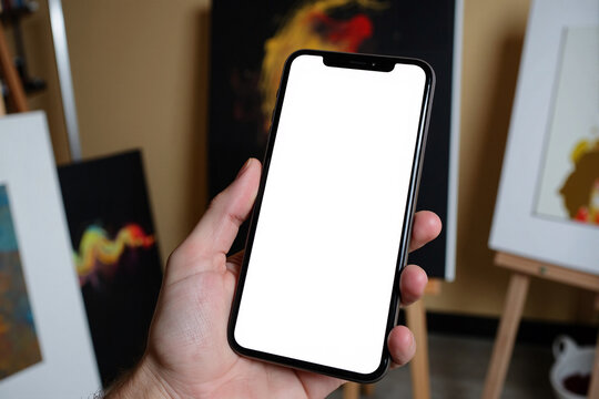 Hand holding a smartphone with a blank white screen mockup in a creative art studio for displaying a portfolio app or website