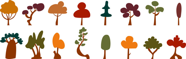 Collection of autumn trees. Natural graphic element with flat shapes and seasonal colors. Perfect for posters, flyers, templates.