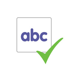 Fundamental learning concept depicted with blue lowercase 'abc' letters inside a white square, paired with a green checkmark, symbolizing approved basic knowledge and educational success