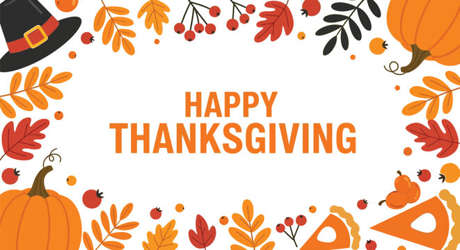 Whimsical autumn border with pumpkins, leaves, and pie celebrating Thanksgiving