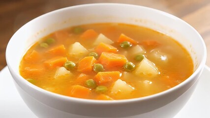 Steaming Bowl of Hearty Vegetable Soup with Carrots, Potatoes, and Peas, Close-Up