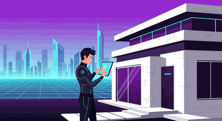 Futuristic Smart Home Automation Concept with Man Using Tablet and Cityscape View minimum 50