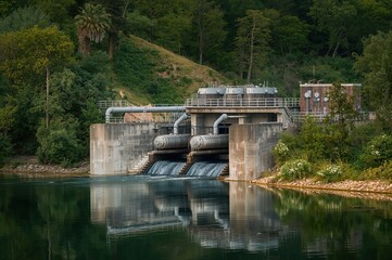 Industrial pumping stations beside serene reflective river with lush vegetation surrounding