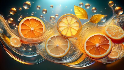 invigorating citrus slices and bubbles in sparkling art