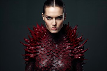 Bold lighting accentuates porcelain skin, mythical scales shimmer in surreal elegance