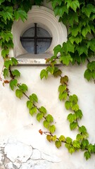 Vines clinging to a weathered wall with a small arched window