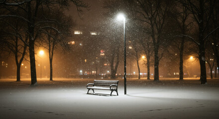 Lonely bench under a streetlamp in a snowstorm, night city park, moody and cinematic, quiet and cold