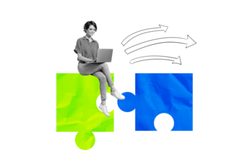 Composite photo collage of happy girl freelancer type laptop puzzle element match arrow development growth isolated on painted background