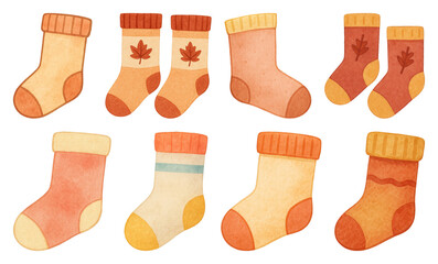 PNG Colorful autumn-themed cozy socks, element set on transparent background