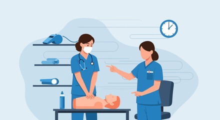 Illustration depicting medical training simulation with nurses performing CPR on a mannequin in a