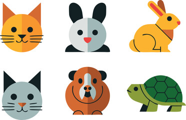 A Collection of Adorable Geometric Style Icons Representing Various Domestic Animals and Pets Such as Cats Rabbits and Guinea Pigs