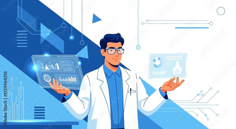 Wall mural illustration of a scientist analyzing data with digital interface innovation using modern technology