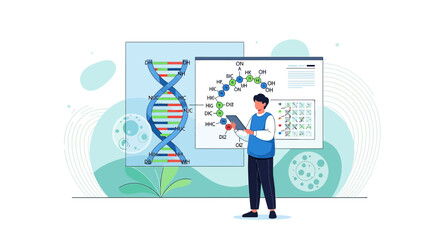 Illustration of a Scientist Analyzing DNA and Chemical Structures for Research and Innovation