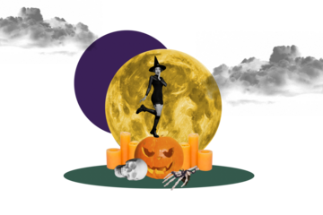 Composite trend artwork 3D collage of happy halloween autumn holiday spooky season young lady witch stand pumpkin head full moon candle