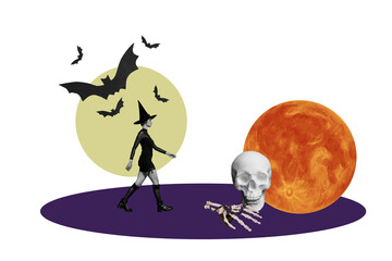 Composite trend artwork 3D sketch collage of happy halloween autumn holiday spooky season young lady witch walk pumpkin skull moon