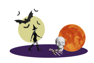 Composite trend artwork 3D sketch collage of happy halloween autumn holiday spooky season young lady witch walk pumpkin skull moon