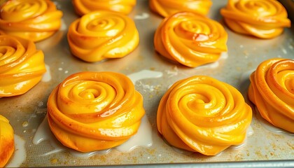 Golden, glazed pastry swirls on a baking sheet, cream, yummy
