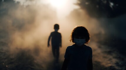 Two children wearing face masks walk through a dusty hazy environment during sunset with dramatic backlighting