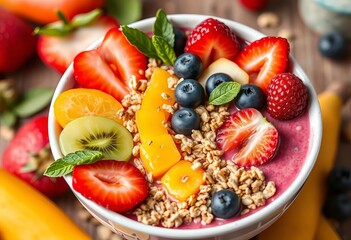 Vibrant colorful smoothie bowl with fresh fruit & granola,  colorful,  tasty